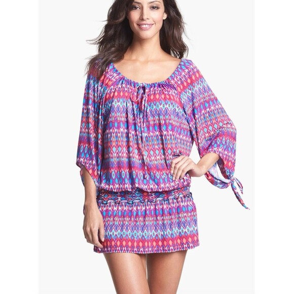 La Blanca Cover Up Dress Kaftan Santorini Tunic Ikat Knotted Sleeve Size Small - Picture 2 of 8